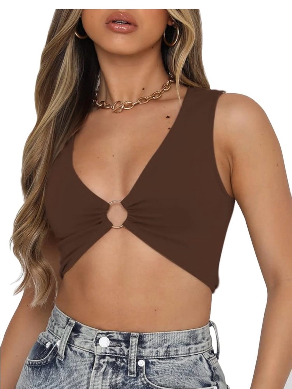 Brown Twist-Front Crop Tank Top